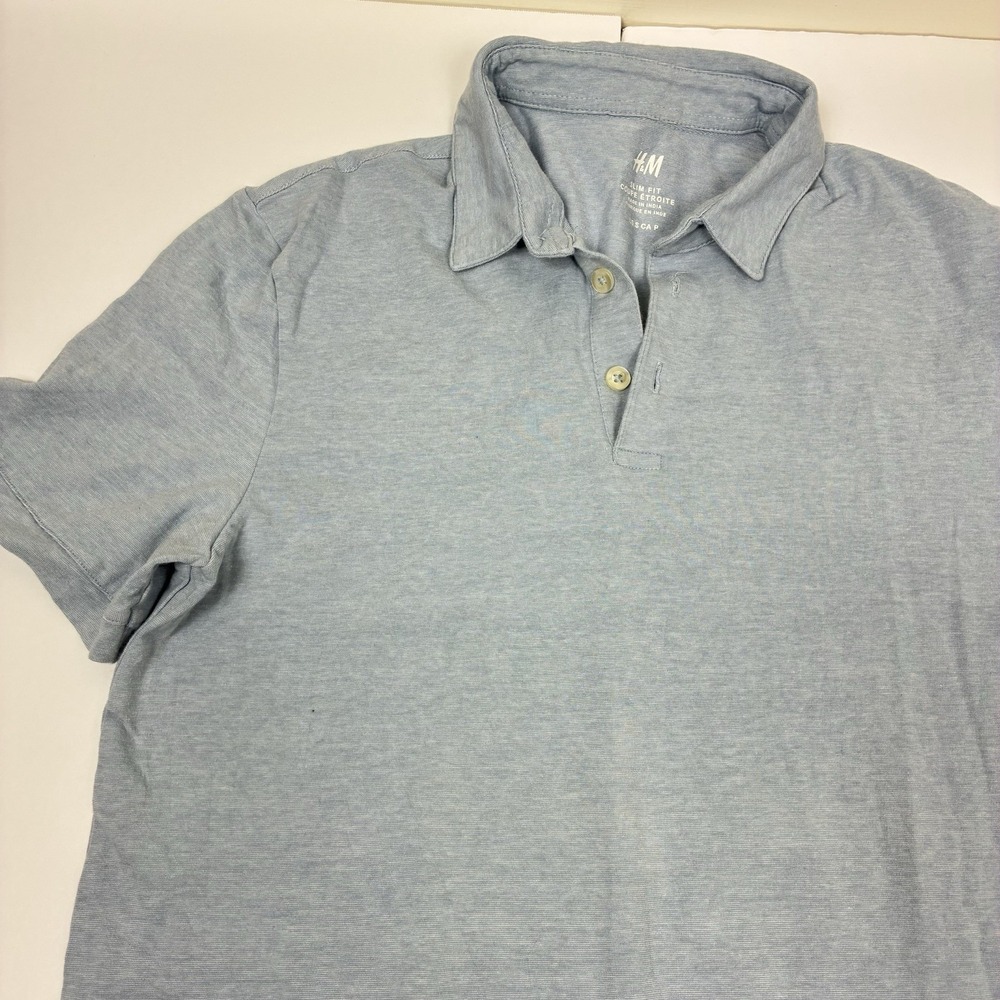 H&M Polo Shirt Men's Small Slim Fit Light Blue Short Sleeve Cotton Casual Shirt - Picture 2 of 5